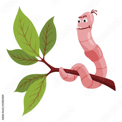 Funny worm. Pink happy crawler creeps and smiles. Earth worm cartoon character, wildlife nature. Insect for kids illustration