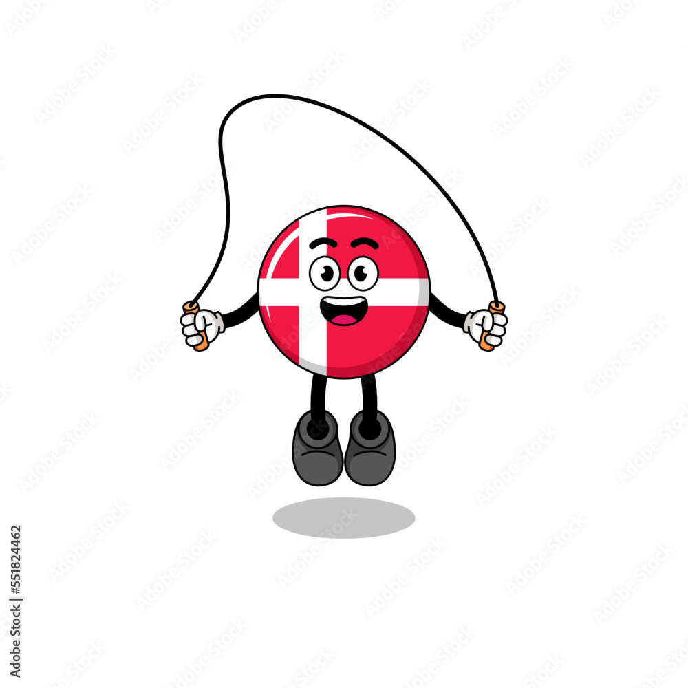 denmark flag mascot cartoon is playing skipping rope denmark flag mascot cartoon is playing skipping rope