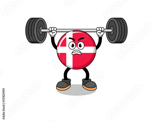 denmark flag mascot cartoon lifting a barbell