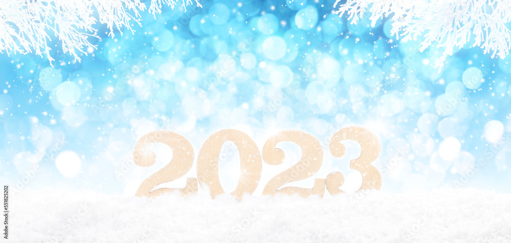 Wooden 2023 Numbers in perspective on bright blue bokeh winter background with white snowy branches and falling snow. Wooden 2023 Numbers in perspective on bright blue bokeh winter background with white snowy branches and falling snow.