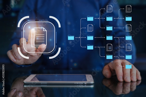 Obraz na płótnie Document management system (DMS) and business process automation technology being setup by IT consultant working on digital tablet computer. Online file storage. w salonie