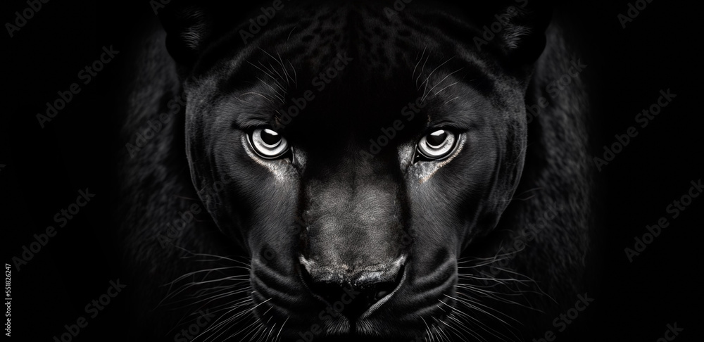 Front view of Panther isolated on black background. Black and white portrait of panther. Predator series. digital art - obrazy, fototapety, plakaty 