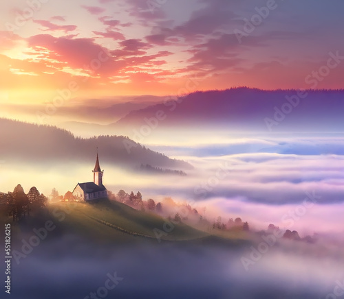 amazing colorful landscape of foggy valley with mountains and church at sunrise