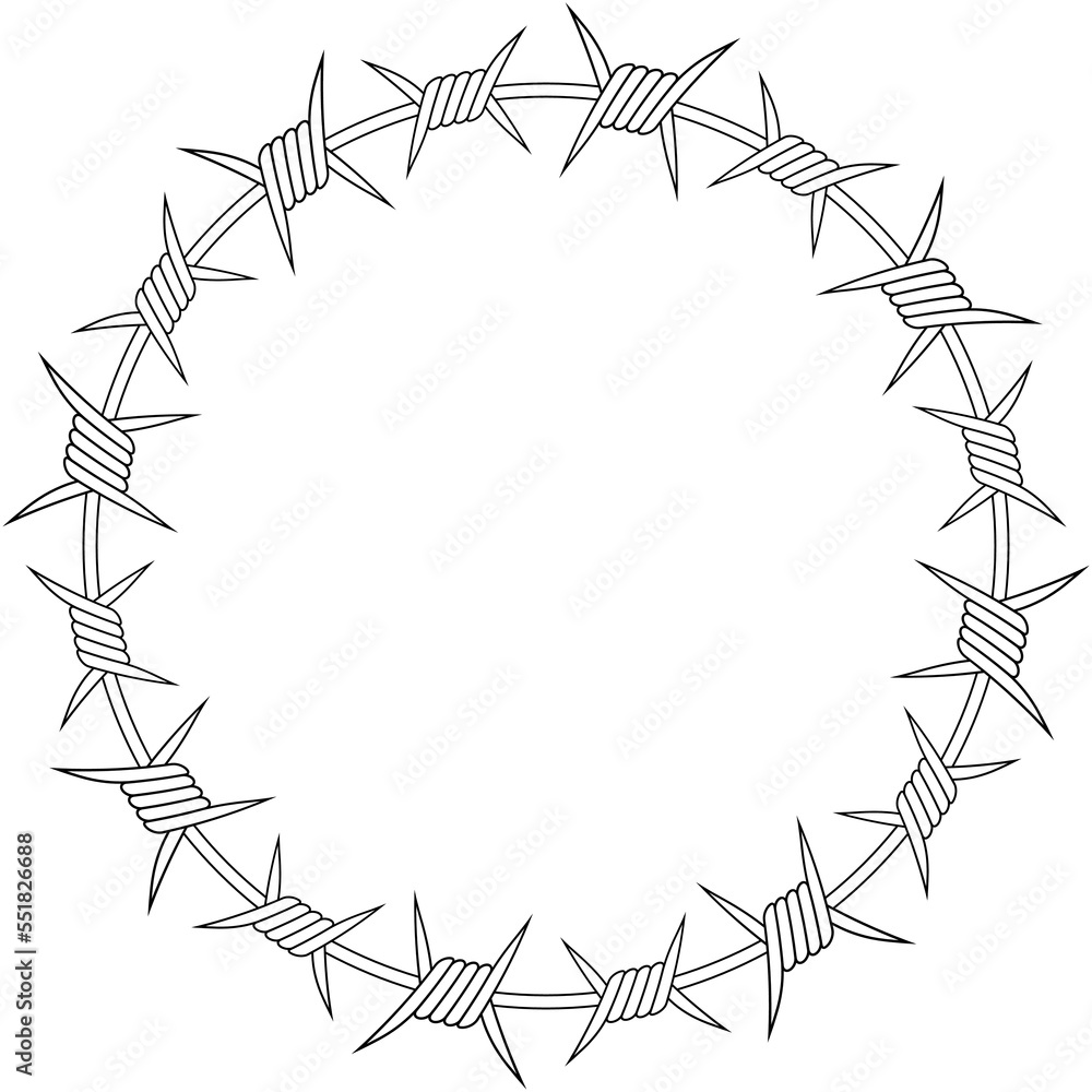 Circle barbed wire border template. Barb line on white background. Prison fence concept. Circle barbed wire border template. Barb line on white background. Prison fence concept.