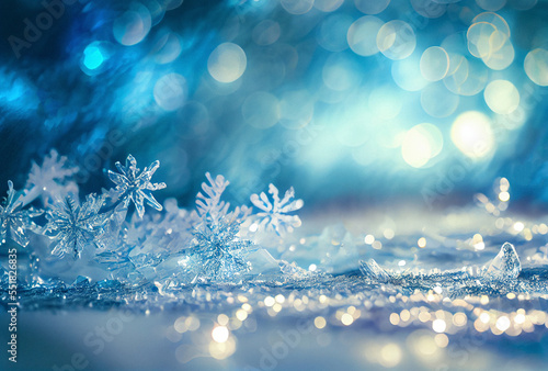 Ice crystals and snowflakes on blue and silver glitter sparkles background. Christmas, winter background.  © Andrey