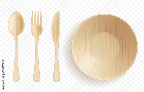 Wooden or bamboo cutlery. Disposable Spoon, fork, table knife and plate