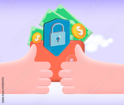 Wallet protection icon. The concept of payment security, financial security.
 The money is under reliable protection. Vector illustration, 3d.
