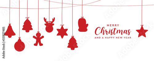 red christmas card with hanging gingerbread cookies decoration on white background