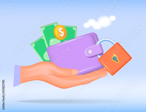 Wallet protection icon. The concept of payment security, financial security.
 The money is under reliable protection. Vector illustration, 3d.
