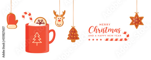 christmas card with hanging gingerbread cookies and cocoa drink