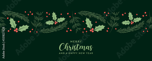 christmas greeting card banner with fir branches and holly berry border