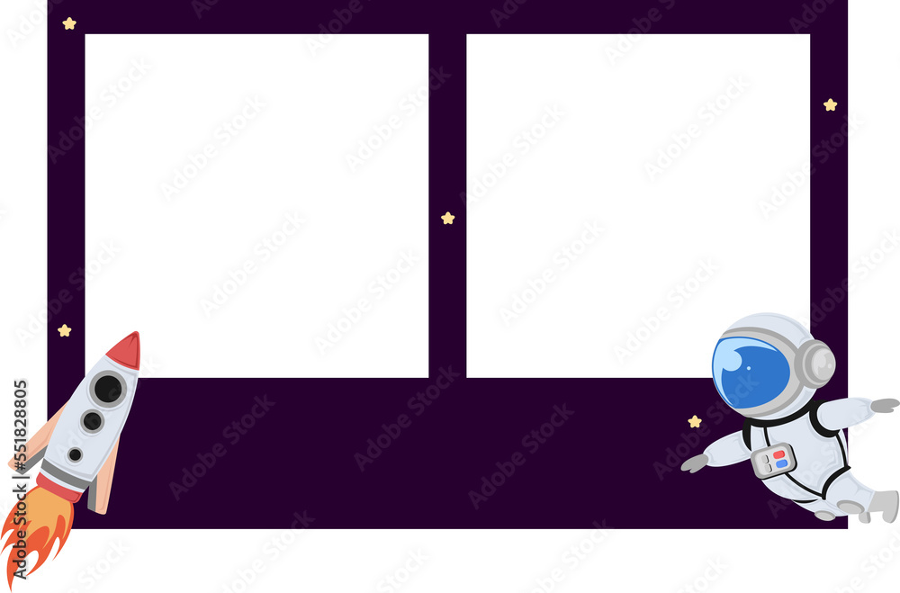 Fototapeta premium cute vertical frame for two pics with spaceship and astronaut elements