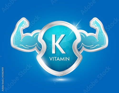 label shield aluminum vitamin K blue with arm muscles strong. Protection body stay healthy. Silver shield label sticker icon 3d isolated realistic for nutrition products food. Vector illustrator.