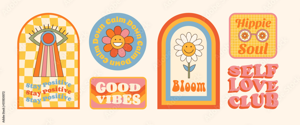 Groovy retro 70s style stickers. Daisy flower smile face, eye. Hippie slogans. Good vibes, stay positive, hippie soul, bloom. Vector pack with inspirational quote. 