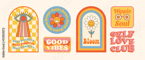 Groovy retro 70s style stickers. Daisy flower smile face, eye. Hippie slogans. Good vibes, stay positive, hippie soul, bloom. Vector pack with inspirational quote. 
