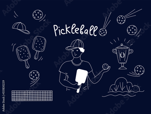 Pickleball game doodle set. Vector outline illustration.