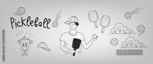 Pickleball game doodle set. Vector outline illustration.