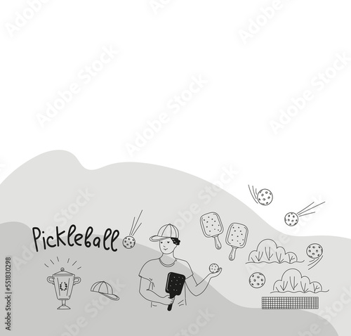 Pickleball game doodle set. Vector outline illustration.