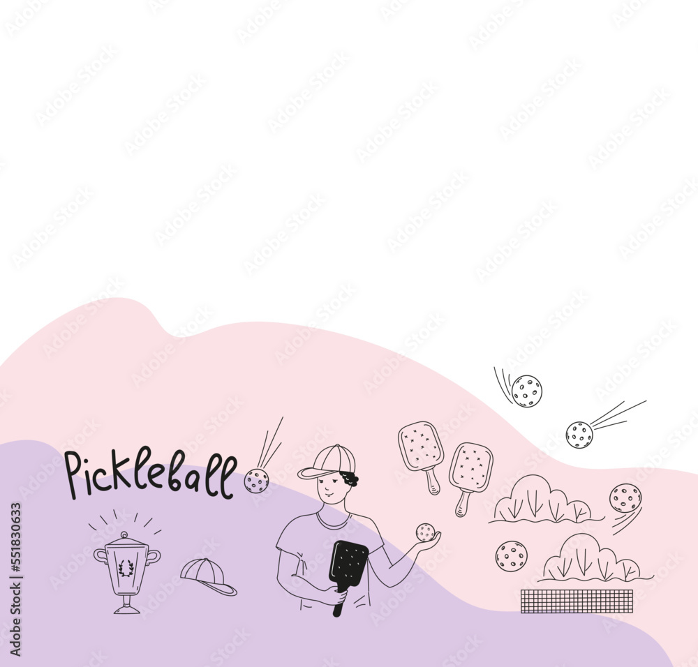 Pickleball game doodle set. Vector outline illustration. Pickleball game doodle set. Vector outline illustration.