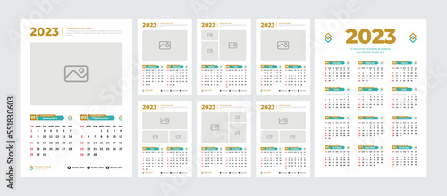 2023 wall calendar design template. Editable page and color with photo placeholder. 2 months in each of page calendar and 12 months in one page