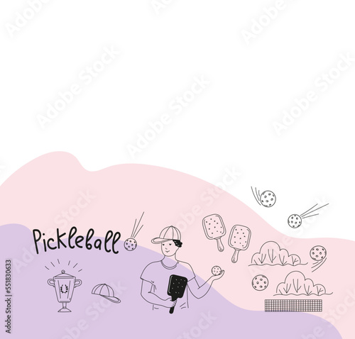 Pickleball game doodle set. Vector outline illustration.