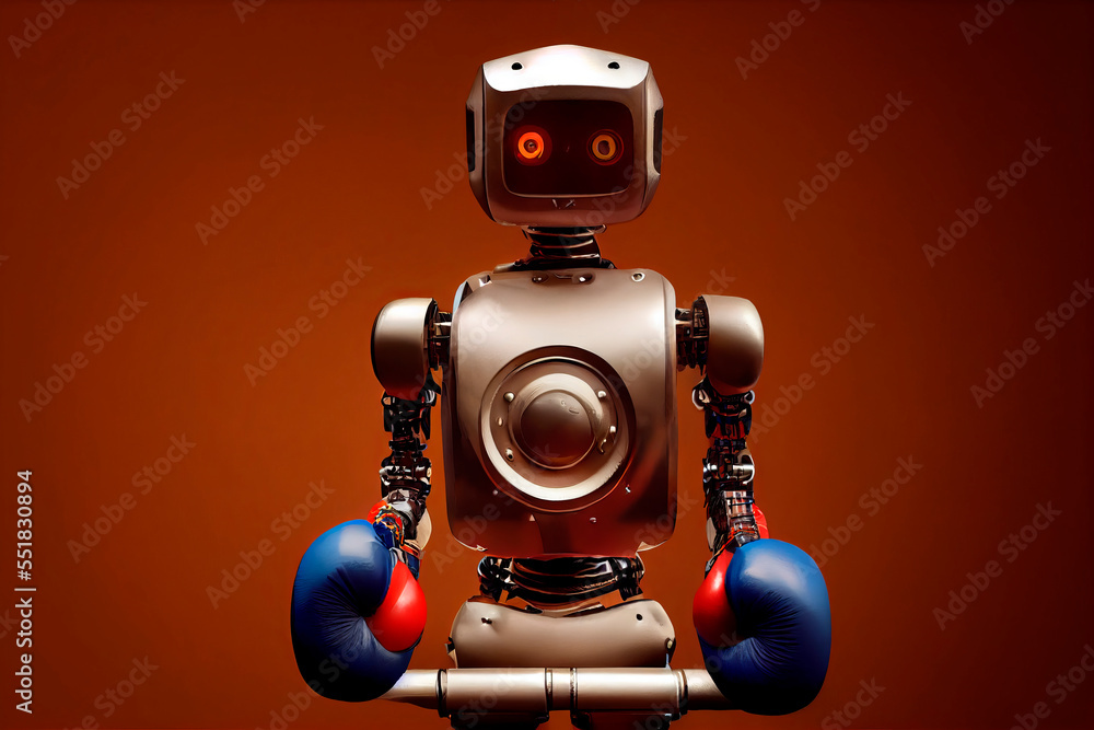 Fototapeta premium Robot boxer winner of the Olympic Games. Futuristic Sport 2030. Illustration for advertising, cartoons, games, print media. My collections.