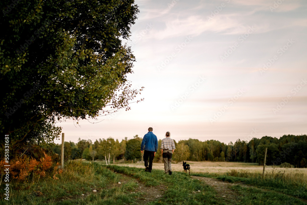 Rear view of couple with dog walking on field at sunset Rear view of couple with dog walking on field at sunset