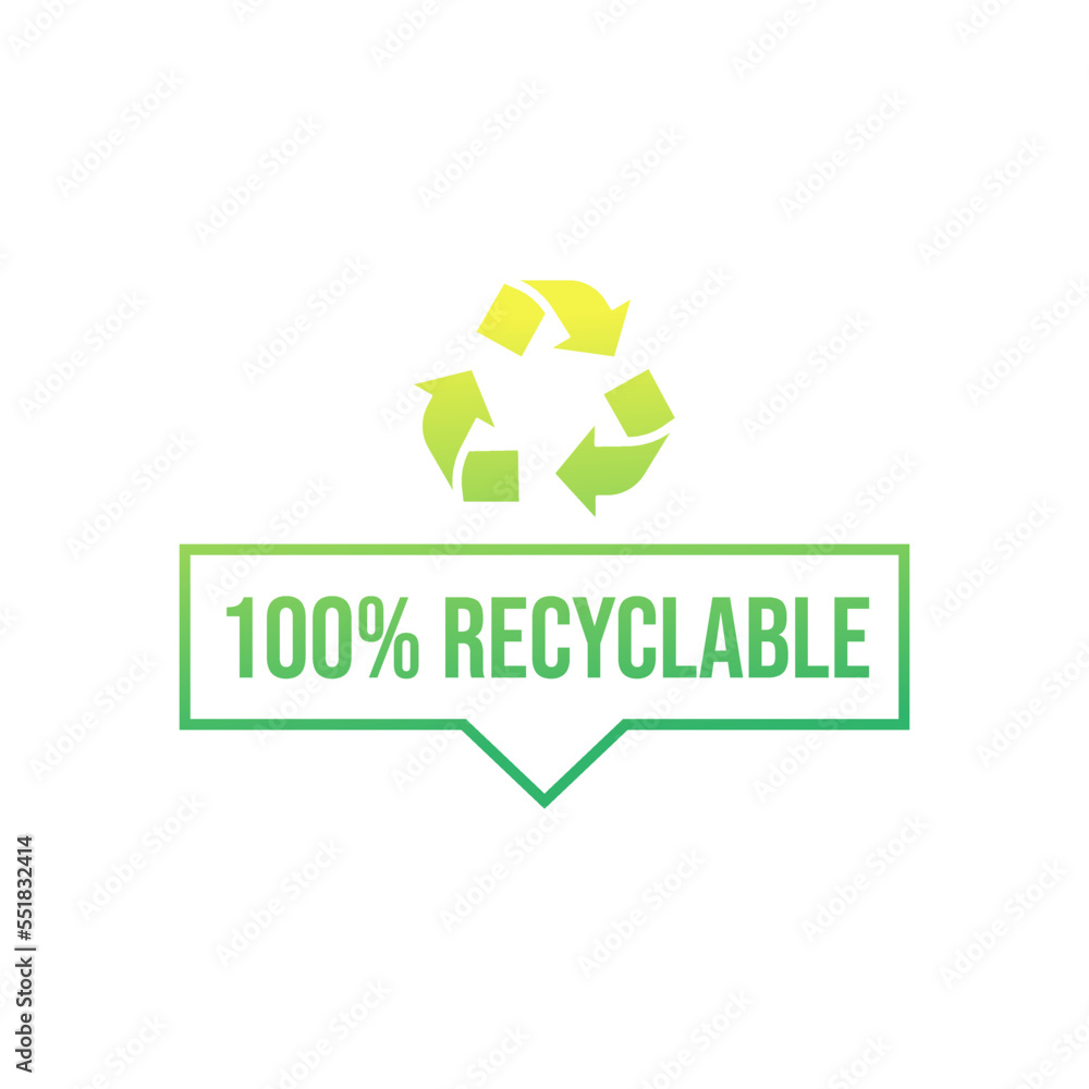 100% recycled sign or logo. Recyclable material symbol. Eco friendly concept. Recycled product label 100% recycled sign or logo. Recyclable material symbol. Eco friendly concept. Recycled product label