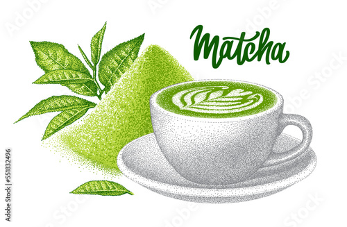 Green matcha latte in ceramic cup. Pile of powder of matcha and tea leaves. Realistic sketch. Japanese beverage. Hand-drawn vector illustration.
