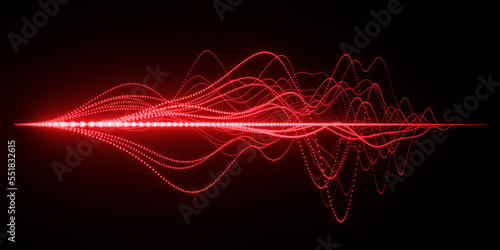 Bright red glowing neon abstract wireframe sound waves, visualization of frequency signals audio wavelengths, conceptual futuristic technology waveform background with copy space for text