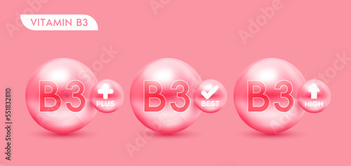 Vitamin B3 pink set. Vitamins plus best high. Icon 3D with medical symbols, arrows and check marks isolated on solid background. For food supplement design and beauty treatment skin care. Vector.