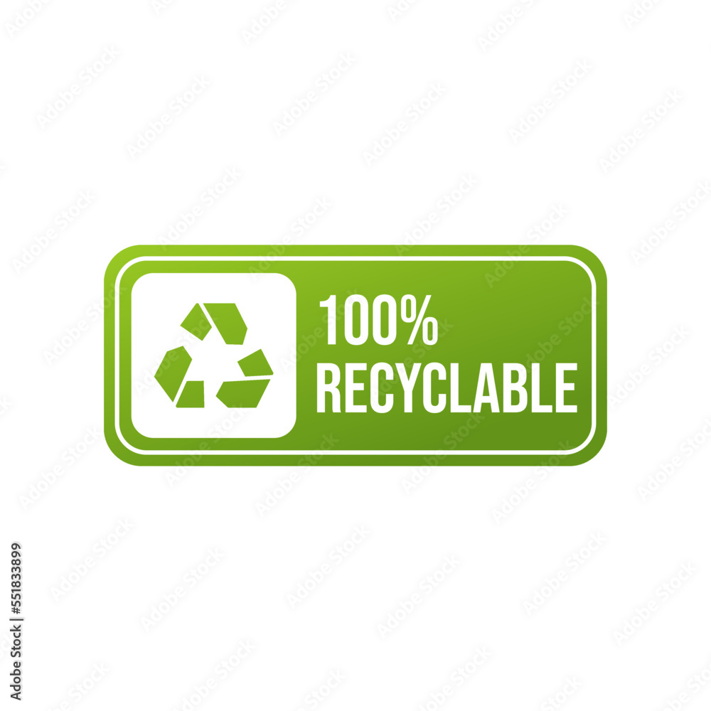 100% recycled sign or logo. Recyclable material symbol. Eco friendly concept. Recycled product label 100% recycled sign or logo. Recyclable material symbol. Eco friendly concept. Recycled product label