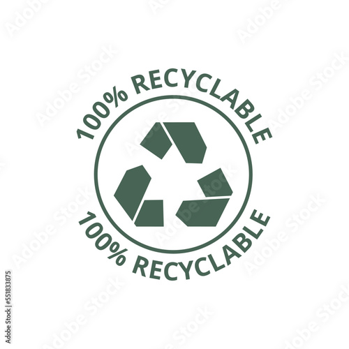 100% recycled sign or logo. Recyclable material symbol. Eco friendly concept. Recycled product label