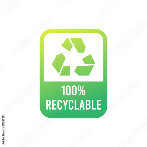 100% recycled sign or logo. Recyclable material symbol. Eco friendly concept. Recycled product label