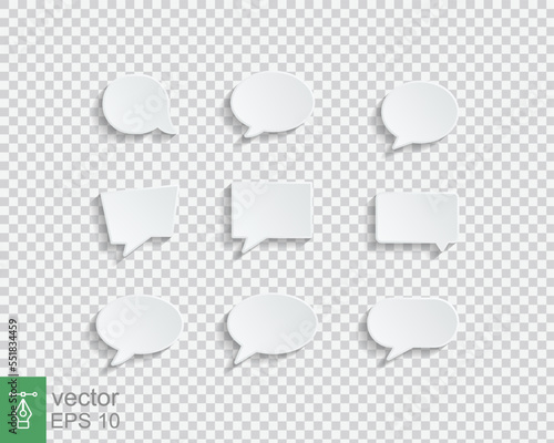 White blank speech bubbles isolated vector set. 3D think ballon, box, conversation, chat, speak, balloon. Infographic design thought bubble on the transparent background. Vector illustration EPS 10.