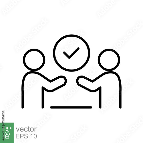 Employee assessment icon. Oral survey, two people Interviewing with check mark. Recruiter with employee. Thin line illustration vector isolated on white background. EPS 10.