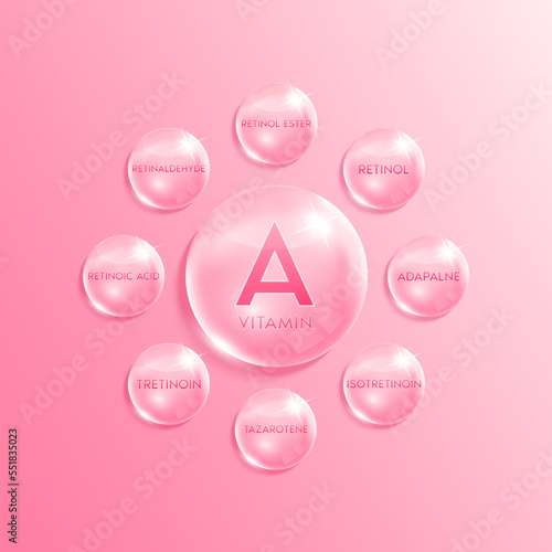 Vitamin A complex. Chemical formula from nature. Minerals pink water drop. Beauty treatment nutrition skincare design. Medical scientific concepts. Realistic 3D Vector.