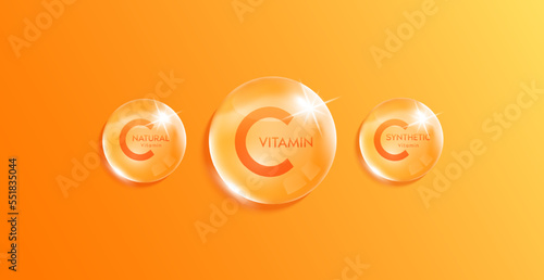 Vitamin C complex minerals water orange. Synthetic and Natural vitamin droplet. Beauty nutrition skincare. Medical scientific concepts. Realistic 3D Vector.