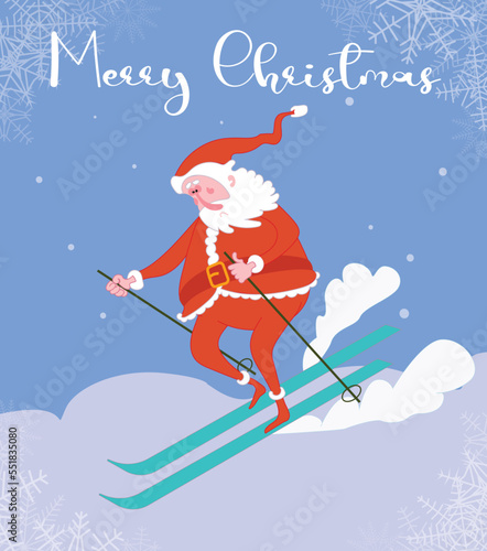 santa claus on skis hurries to the holiday
