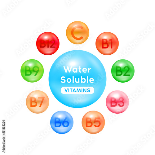 Water soluble vitamins. Multivitamins capsules isolated on white background. Essential vitamin for human body. Medical scientific concepts. Ad dietary supplement for pharmacy or clinic. 3D Vector.