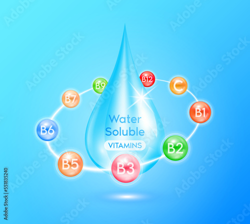 Water soluble vitamins. Multivitamins capsules around blue water droplets. Essential vitamin for human body. Medical concepts. Ad dietary supplement for pharmacy or clinic. 3D Vector.