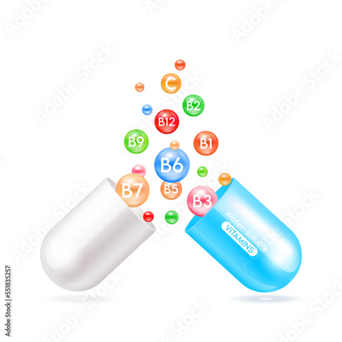 Water soluble vitamins in capsule blue isolated on white background. Essential minerals multivitamins for human body. Medical concepts. Ad dietary supplement for pharmacy or clinic. 3D Vector EPS10.