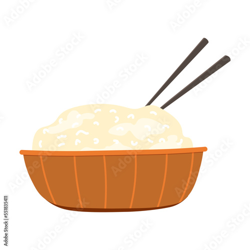 Chinese cuisine. Vector illustraion of bowl of rice and Chinese sticks. Traditional asian food