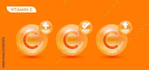 Vitamin C pink set. Vitamins plus best high. Icon 3D with medical symbols, arrows and check marks isolated on solid background. For food supplement design and beauty treatment skin care. Vector.