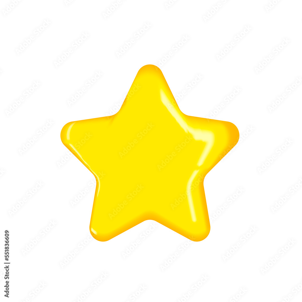 Yellow star. Asterisk sticker. Glossy golden flat star shape. Realistic 3d design element in plastic cartoon style. Icon highlighted on a white background. Vector illustration of a shining star.