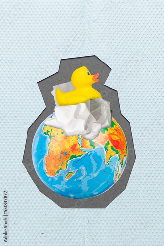 Collage concept world ecological problems yellow rubber duck swim world global ocean paper trash pollution world isolated on white background photo