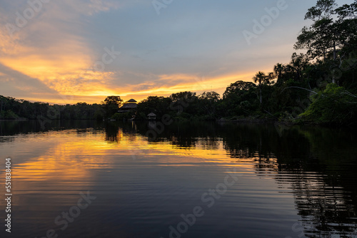 Amazon rainforest at sunset, Garzacocha lagoon, Yasuni national park, Amazon river basin, Ecuador.