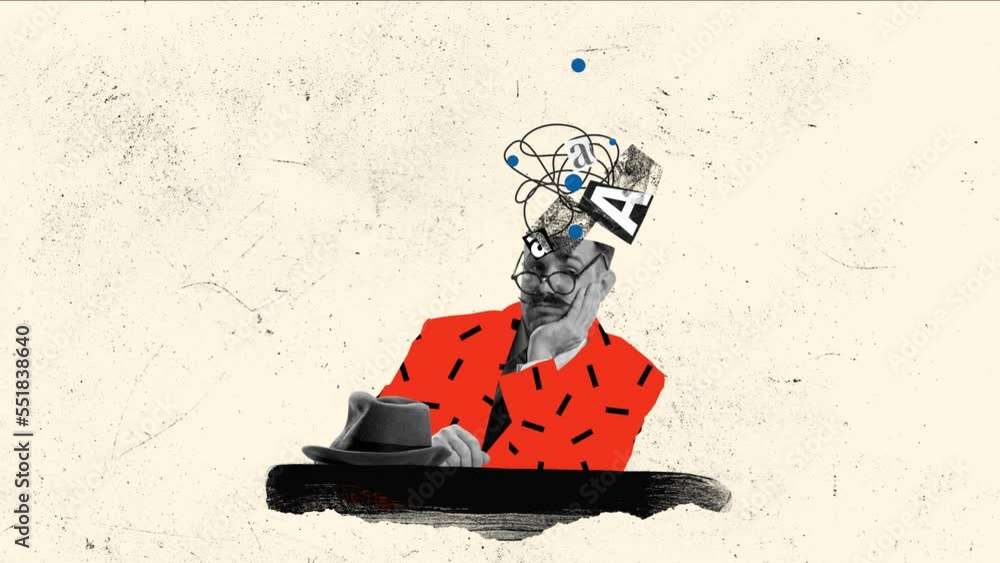 Young man feeling tired and annoyed of information and overthinking. Mind blowing. Stop motion, animation.