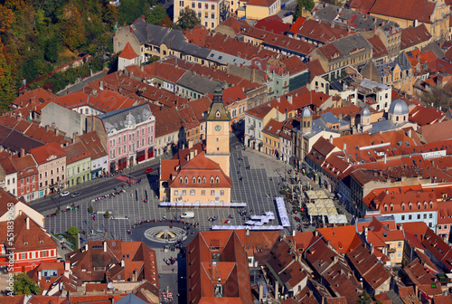 Aerial view of the Piata Sfatului square from Old Town in Brasov city, Transylvania, Romania