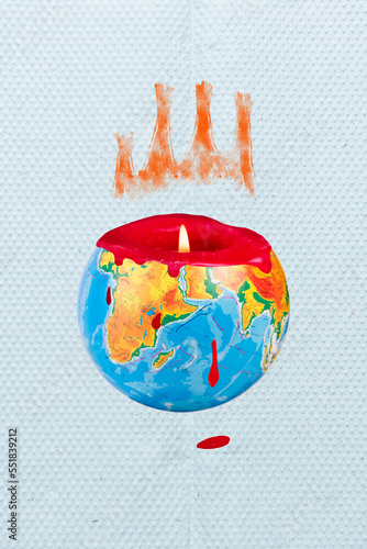 Collage photo concept of world hot climate changing candle fire inside planet earth bloody drops environment problems isolated on painted background photo